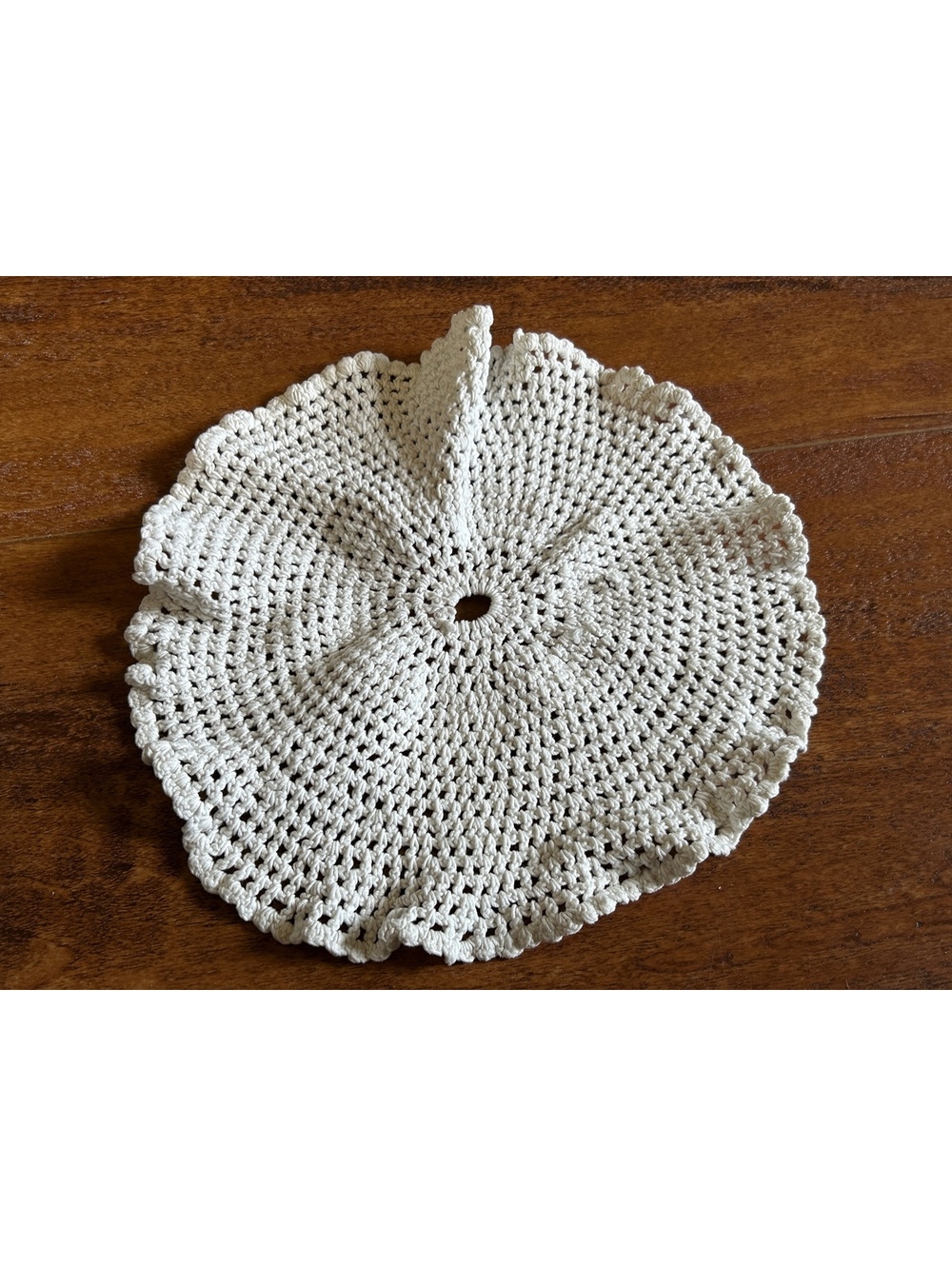 Hand Crocheted Small Round Cream Doily with Ruffled Edges